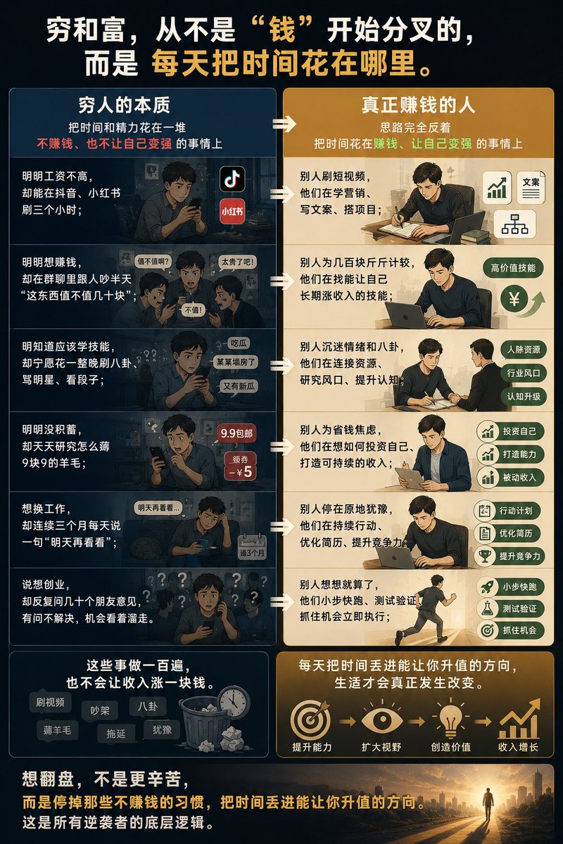 shadouyoua's tweet photo. 穷人的本质，就是把时间和精力花在一堆 不赚钱、也不让自己变强 的事情上。
比如
明明工资不高，却能在抖音、小红书刷三个小时；
明明想赚钱，却在群聊里跟人吵半天“这东西值不值几十块”；
明知道应该学技能，却宁愿花一整晚刷八卦、骂明星、看段子；
明明没积蓄，却天天研究怎么薅 9 块 9 的羊毛；
想换工作，却连续三个月每天说一句“明天再看看”；
说想创业，却反复问几十个朋友意见，有问不解决，机会看着溜走。
这些事做一百遍，也不会让收入涨一块钱。
真正赚钱的人，思路完全反着：
别人刷短视频，他们在学营销、写文案、搭项目；
别人为几百块斤斤计较，他们在找能让自己长期涨收入的技能；
别人沉迷情绪和八卦，他们在连接资源、研究风口、提升认知。
穷和富，从不是“钱”开始分叉的，
而是 每天把时间花在哪里。
如果你每天做的事情都不能提升能力、不能扩大视野、不能创造价值，
那么生活不会变好，就只是时间在往前走。
想翻盘，不是更辛苦，
而是 把那些不赚钱的习惯停掉，把时间丢进能让你升值的方向。
这是所有逆袭者的底层逻辑。