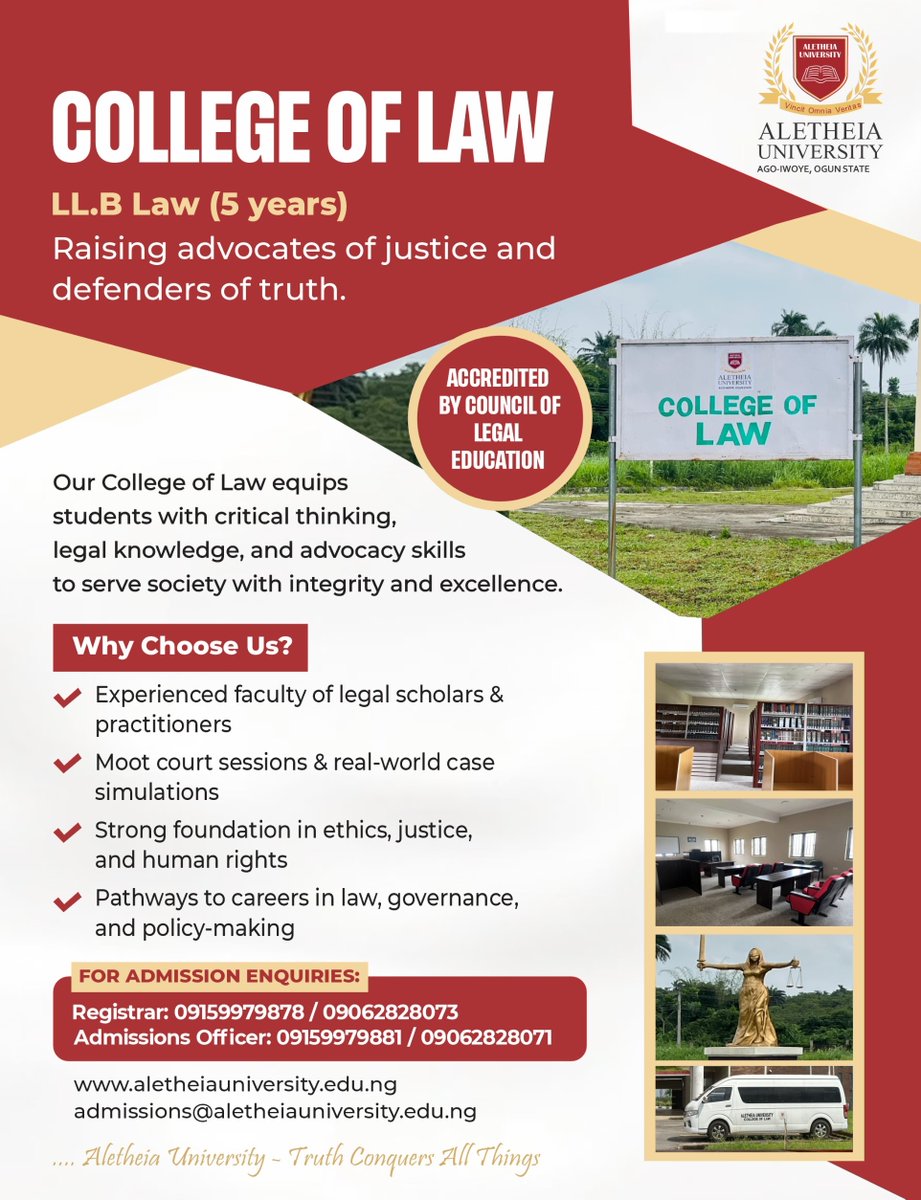 uni_aletheia's tweet photo. Study Law in an environment designed for excellence at Aletheia University!

The Faculty of Law is fully accredited by the Council of Legal Education and offers students world-class facilities, including a modern law library, a well-equipped moot court, smart e-classrooms, and a team of highly competent and experienced lecturers committed to raising the next generation of legal professionals.

Choose Aletheia University and begin your journey towards a successful legal career in a conducive, innovative, and value-driven environment.

Admissions for the 2026/2027 Academic Session are ongoing. Apply today!

....Aletheia University  - Truth Conquers All Things. 

#AletheiaUniversity  #FutureLawyers #LegalEducation #LawSchool #UniversityAdmissions #AccreditedLawProgramme #MootCourt #Admissions2026 #LawStudents #ChooseAletheia