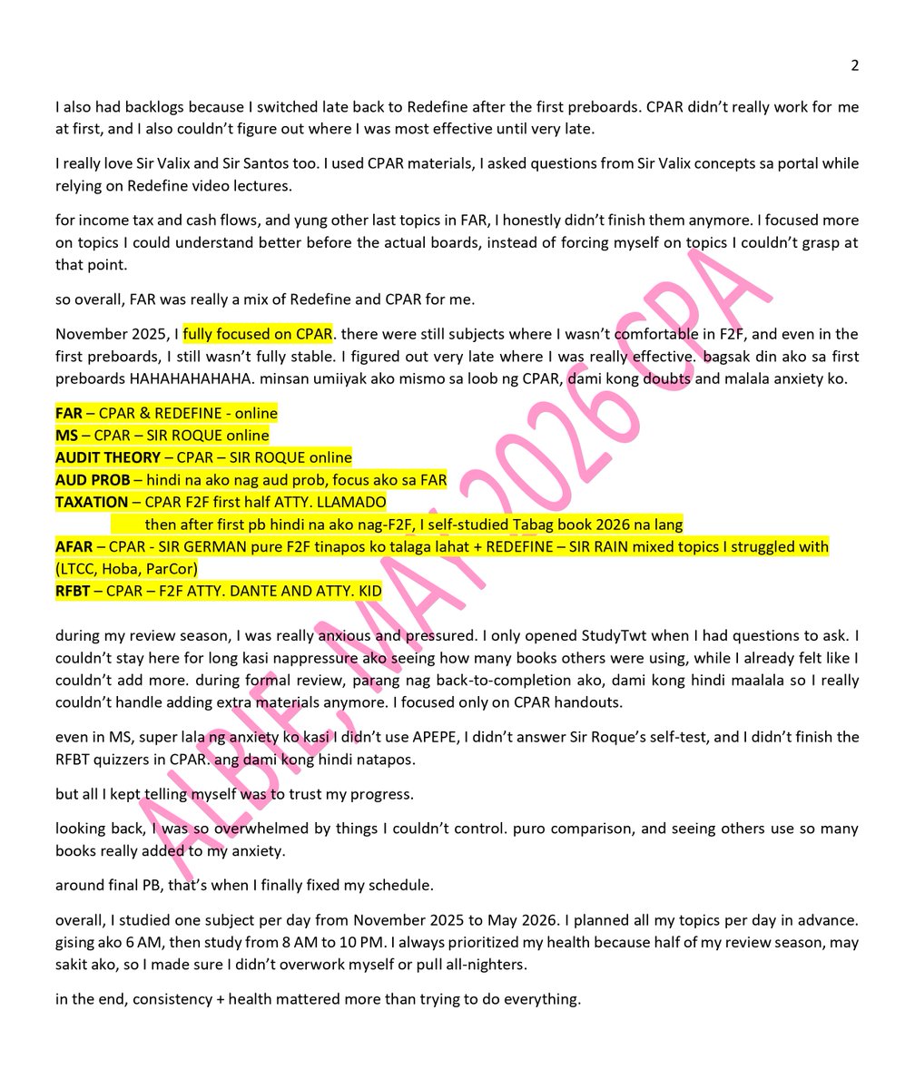 albie052026CPA's tweet photo. here’s what I did to pass the CPALE on my first take (from zero to weak foundation). started from scratch. please don't lose hope. even the smallest spark is enough to keep you going. keep showing up every day!!! one day, you'll look back and realize it was all worth it <3 https://t.co/f2bCmKIt8N