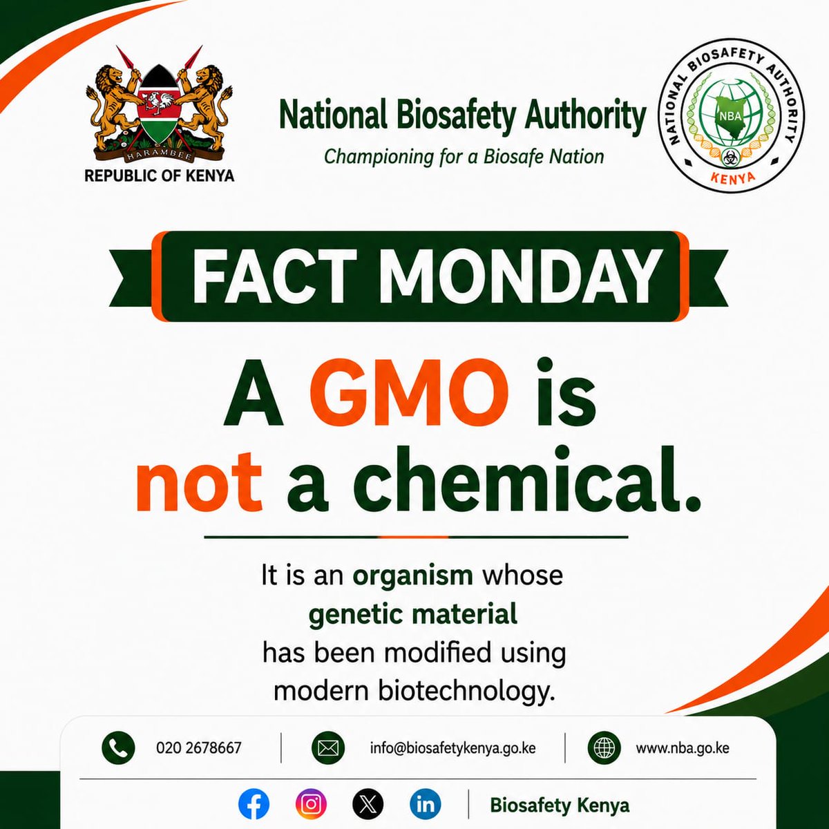 BiosafetyKenya's tweet photo. At the National Biosafety Authority, we are committed to promoting public understanding of biosafety through accurate, science-based information.
#FactMonday #KnowTheFacts #Biosafety #Biotechnology #ScienceCommunication #NationalBiosafetyAuthority https://t.co/3lC5XpCWdh