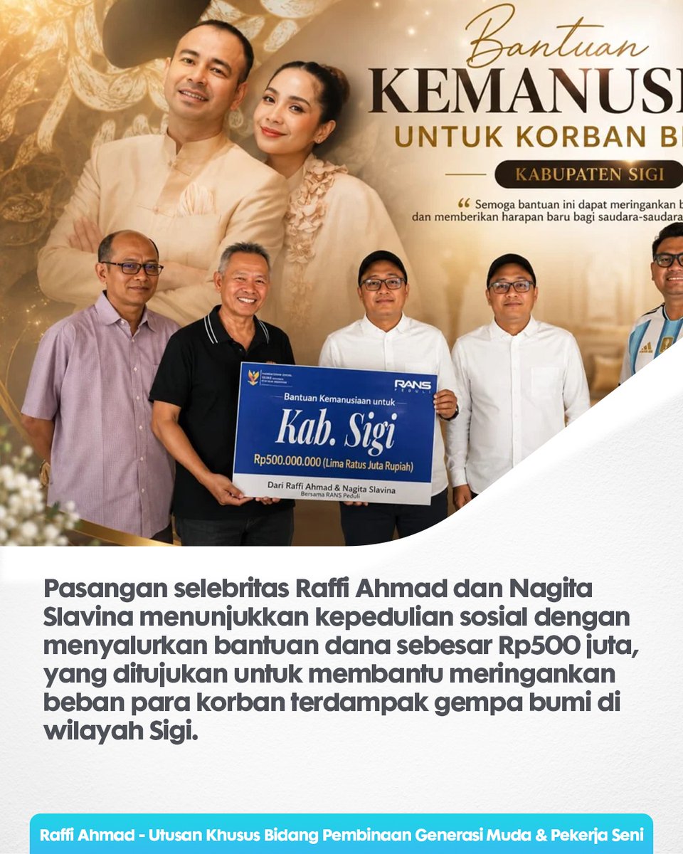 aaRaffiUpdate's tweet photo. Wujud nyata kepedulian sosial untuk saudara-saudara kita di Kabupaten Sigi. Raffi Ahmad dan Nagita Slavina menyalurkan bantuan sebesar Rp500 juta guna meringankan beban para korban terdampak gempa bumi.

#RaffiOrangBaik https://t.co/BhqwZSxYKg
