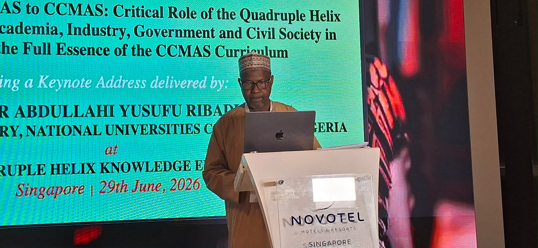 OfficialNUC's tweet photo. The Executive Secretary of the National Universities Commission (NUC), Professor Abdullahi Yusufu Ribadu, FCVSN, alongside Vice-Chancellors of several Nigerian universities, is participating in the five-day AraRocks Quadruple Helix Knowledge Exchange Conference, holding from 29 June to 3 July 2026 at the Novotel Singapore.

Organised by Ara-Rocks Ltd in collaboration with the NUC and hosted in partnership with Vanguard Guild USA, Hatch Ideas UK, foundations, universities and leading institutions in Singapore, the conference brings together academia, industry, government and civil society to explore how higher education can drive innovation, entrepreneurship and economic transformation.

At the opening ceremony, Professor Ribadu delivered a keynote address titled, "Transition from BMAS to CCMAS: The Critical Role of Quadruple Helix Synergy Between Academia, Industry, Government and Civil Society in Achieving the Full Essence of the CCMAS Curriculum."

He highlighted Nigeria's transition from the Benchmark Minimum Academic Standards (BMAS) to the Core Curriculum and Minimum Academic Standards (CCMAS), describing it as a strategic reform aimed at producing globally competitive graduates with 21st-century skills, while strengthening collaboration among academia, industry, government and civil society to promote research, innovation and sustainable national development.

Following the opening session, the Nigerian delegation toured the School of Engineering at Nanyang Polytechnic, where they observed successful models of industry-academia collaboration driving innovation and addressing societal challenges.

The conference will continue with visits to the National University of Singapore and engagement sessions with global industry leaders and experts, providing further opportunities for knowledge exchange, strategic partnerships and the exchange of international best practices.