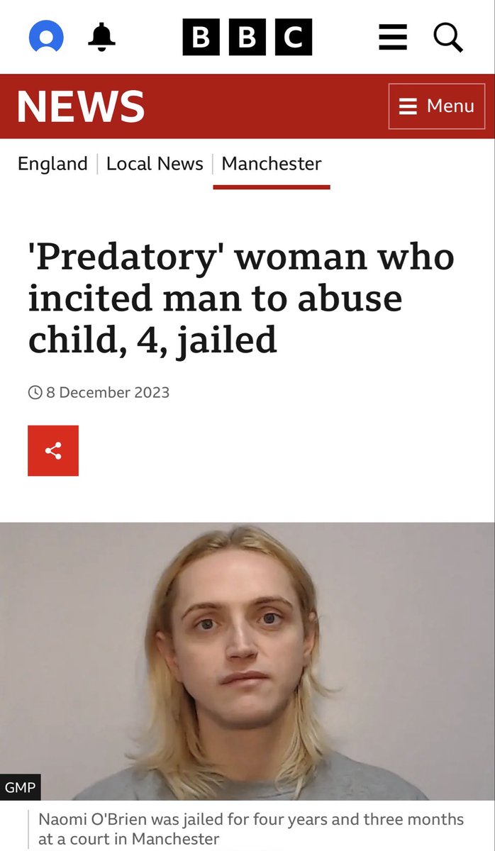 nineborg's tweet photo. O ano era 2023 e a BBC reportava falsamente um criminoso pedófilo como mulher.
Predador está entre aspas, como se isso se tivesse aberto ao debate, mas mulher, não.
Não há nenhuma menção no artigo de que se trata de um homem que se declara mulher. A palavra trans não é citada. https://t.co/h8TRmIHMPU