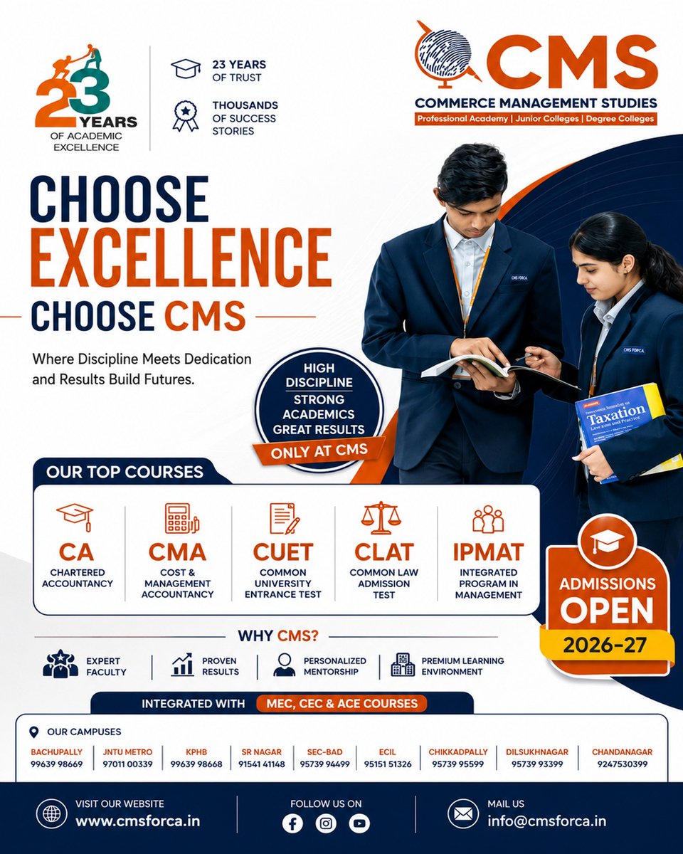 ForCms88459's tweet photo. 🎯 Planning to choose MEC / CEC / ACE after 10th?
👉 Join CMS Junior College for integrated:
✔ CA
✔ CMA
✔ CLAT
✔ IPMAT
✔ CUET Coaching
🏆 23 Years of Academic Excellence
📞 95739 92299
🌐 https://t.co/plhKn4Os97
#CMS #MEC #CEC #ACE #AdmissionsOpen https://t.co/pkrwcINK6s