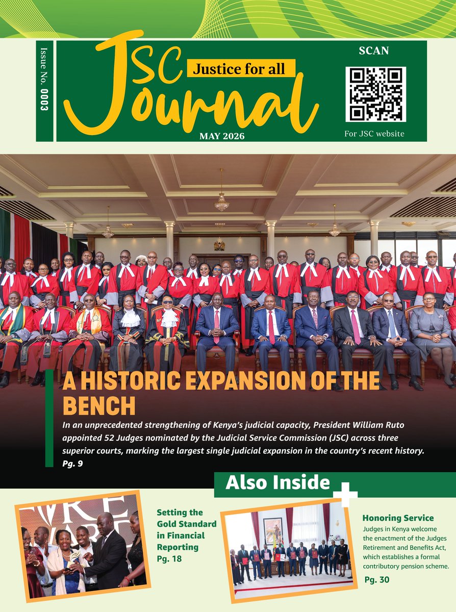 jsckenya's tweet photo. We are delighted to share with you the third edition of the JSC Journal - a publication that captures the Commission's key activities, policy developments and strategic interventions aimed at enhancing the administration of justice in Kenya.

You may access the Journal through the link below

https://t.co/Q7qVEcijxV