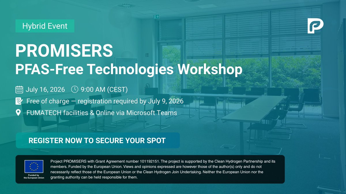 Leitat's tweet photo. 🚀 Join the @promisersproj Workshop on PFAS-Free Technologies for Clean Hydrogen!
📅 16/07/2026
📍 Hybrid: Online + FUMATECH BWT GmbH (Germany)
👉 https://t.co/bzXGR05XL3
#Hydrogen #PFASFree #CleanTech #EUProjects https://t.co/ZLTz6pxTtO