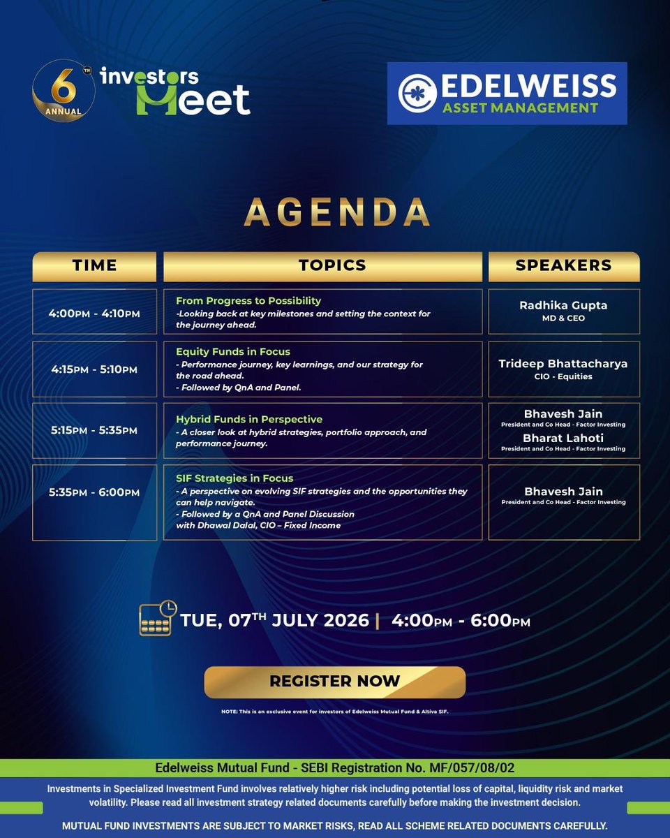 iRadhikaGupta's tweet photo. Investors, let's talk!

Our 6th Annual Investor Meet is here and we would love to talk about our portfolios, what went right and wrong, and answer questions.  Given the breadth of funds it is always hard to cover everything... but we will focus on deepdiving into equities, hybrids and SIF this year.  Happy to answer questions on anything else beyond that too.

Do join in.  Open to all @EdelweissMF investors.

Register:  https://t.co/I8O2xIxBMj