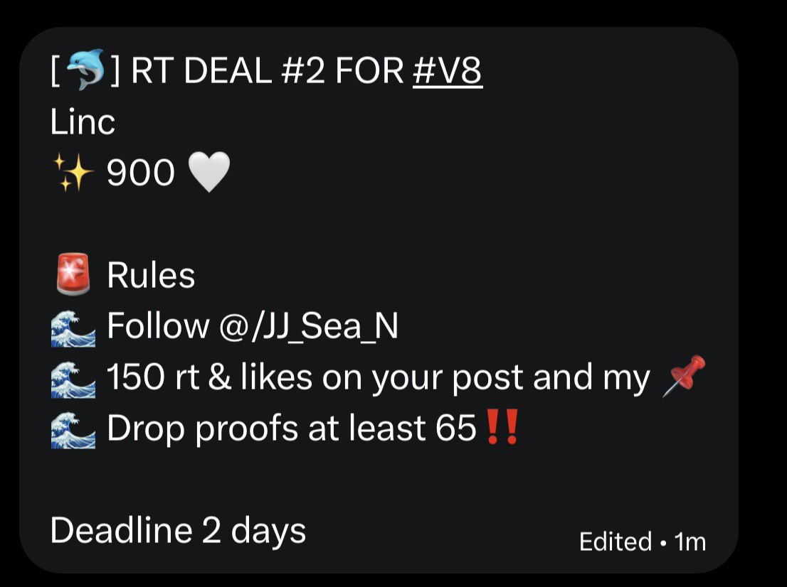 cheoliloli_'s tweet photo. [🐬] RT DEAL #2 FOR #V8
Linc
✨ 900 🤍

🚨 Rules 
🌊 Follow @JJ_Sea_N
🌊 150 rt &amp; likes on your post and my 📌
🌊 Drop proofs at least 65‼️

Deadline 2 days https://t.co/q4wIZLGaJD