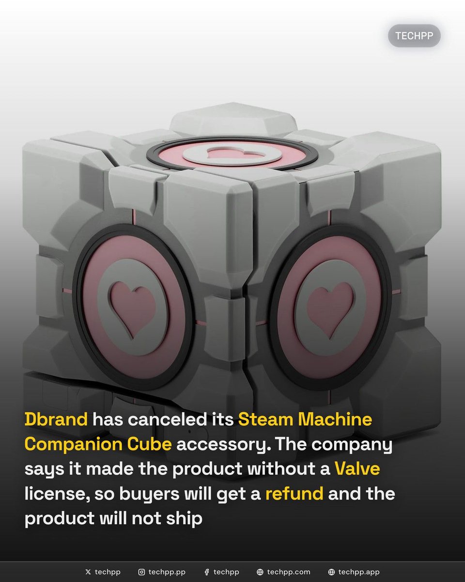 techpp's tweet photo. Dbrand has canceled its Steam Machine Companion Cube accessory. The company says it made the product without a Valve license, so buyers will get a refund and the product will not ship

#Dbrand #Steam #Machine #Companion #Valve #SteamMachine https://t.co/7zYk80Ibc3