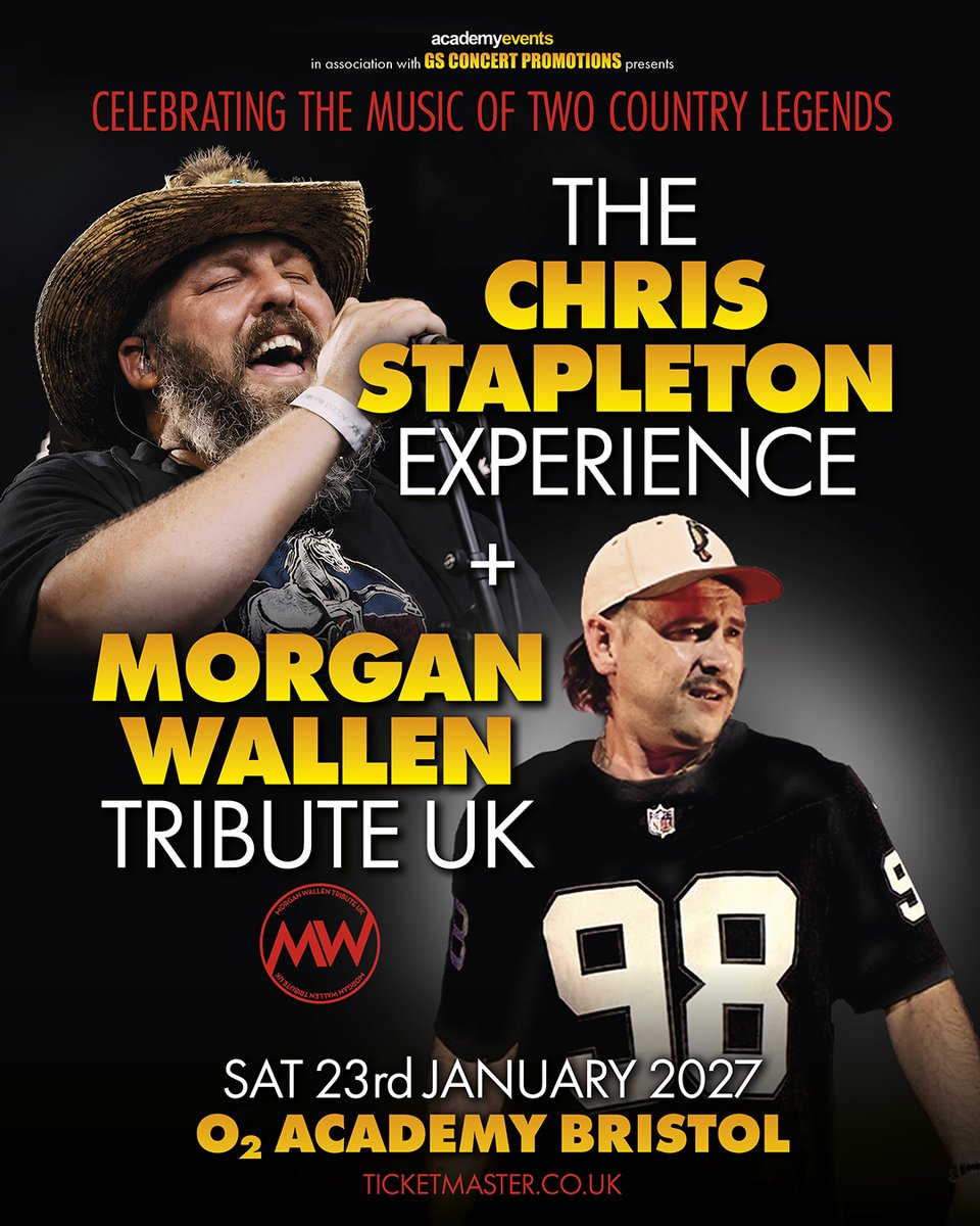 O2AcademyBris's tweet photo. NEW: Celebrate the music of two of country music's biggest stars with the Chris Stapleton Experience &amp; Morgan Wallen Tribute. Here on Sat 23 Jan.

Priority Tickets are on sale now 👉 https://t.co/tftCii9J6z https://t.co/akLviONjPO
