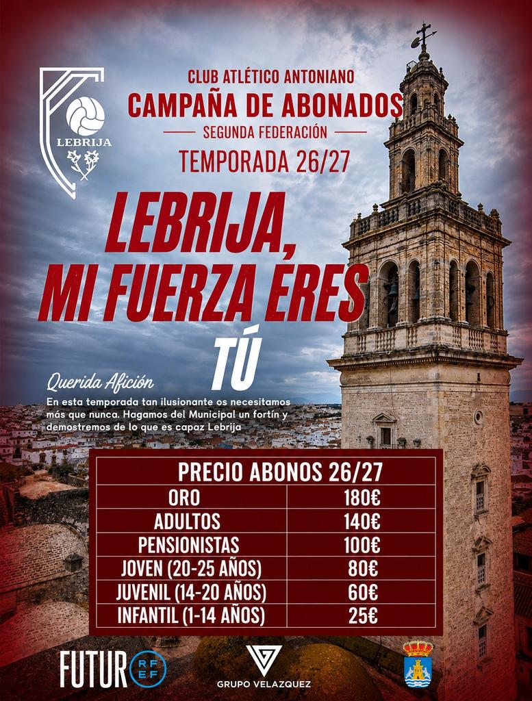 CAAntoniano's tweet photo. 𝐋𝐄𝐁𝐑𝐈𝐉𝐀, 𝐍𝐔𝐄𝐒𝐓𝐑𝐀 𝐅𝐔𝐄𝐑𝐙𝐀 𝐄𝐑𝐄𝐒 𝐓Ú
No hay otra. Estamos aquí por y para Lebrija. Y si podemos estar orgullosos de cumplir nuestro 4º año consecutivo en 2ª Federación, es solo y únicamente porque Lebrija está detrás, apoyándonos y alentándonos en cada paso, en cada esfuerzo. 
No sabemos si os merecemos, pero, de lo que sí estamos seguro, es que os necesitamos, una temporada más, para seguir creciendo. 
𝐀𝐁𝐎𝐍𝐀𝐓𝐄 𝐀𝐋 𝐀𝐓𝐋𝐄𝐓𝐈

Queda suprimido el día del club, pudiendo acceder con el abono a todos los partidos de liga. Otro aliciente más para abonarte.