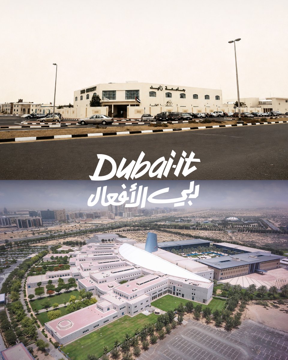 Zayed_U's tweet photo. من حرمنا الجامعي الأول في دبي إلى الحرم الجامعي المميّز الذي نعرفه اليوم، تعكس رحلتنا الروح نفسها التي شكّلت ملامح المدينة من حولنا. فبعد عامين فقط من بدء أعمال الإنشاء، تحولت رؤية طموحة إلى واقع ملموس.
واستلهاماً من فكرة الواحة، يمزج الحرم الجامعي بين طبيعة الصحراء في دولة الإمارات وبيئة عصرية للتعلم والتواصل والابتكار، متطلعاً إلى المستقبل ومتمسكاً في الوقت نفسه بجذور هويتنا.
 
لكن رؤيتنا لم تتوقف هنا. فمنذ اليوم الأول، صُمم الحرم الجامعي لينمو ويتطور، ويواصل اليوم مسيرته مع فرص جديدة وأجيال جديدة من الطلبة. ومن بناء حرم جامعي إلى بناء أجيال، لا تزال فصول القصة تُكتب.
 
#جامعة_زايد #دبي_الأفعال #رحلة_الحرم_الجامعي

From our original Dubai campus to the landmark campus we know today, our journey reflects the same spirit that has shaped the city around us. Just two years after ground was first broken, a bold vision became reality. Inspired by the oasis, the campus blends the UAE's desert landscape with a modern environment for learning, connection, and innovation, looking to the future while staying rooted in who we are. 
 
But the vision didn't stop there. Designed to grow from day one, the campus continues to evolve with new opportunities and new generations of students. From building a campus to building generations, the story is still being written.
 
#ZayedUniversity #DubaiIt #CampusJourney