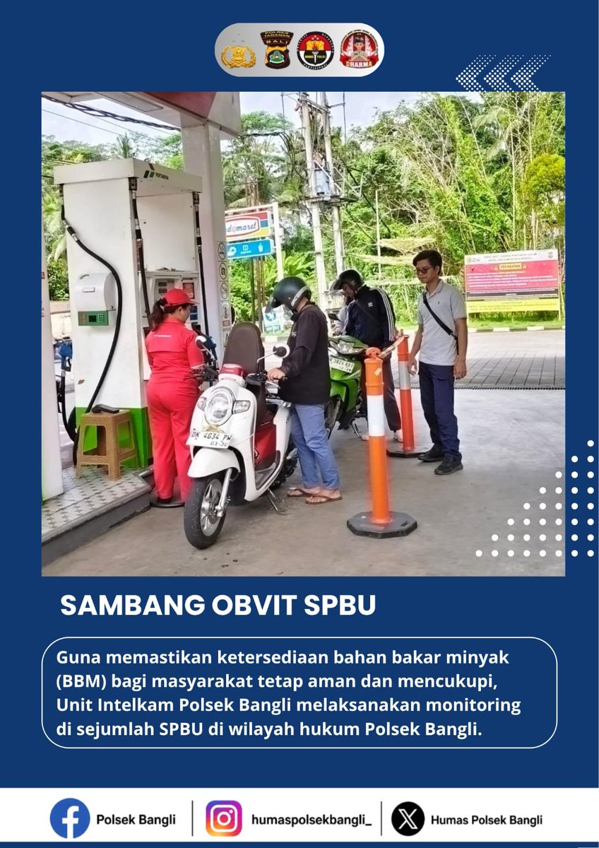 HumasPolsekBgl's tweet photo. Guna memastikan ketersediaan bahan bakar minyak (BBM) bagi masyarakat tetap aman dan mencukupi, Unit Intelkam Polsek Bangli melaksanakan monitoring di sejumlah SPBU di wilayah hukum Polsek Bangli, Selasa (30/6).
#PolriUntukMasyarakat #PolsekBangli #Intelkam #MonitoringBBM https://t.co/hw0csWRyJr
