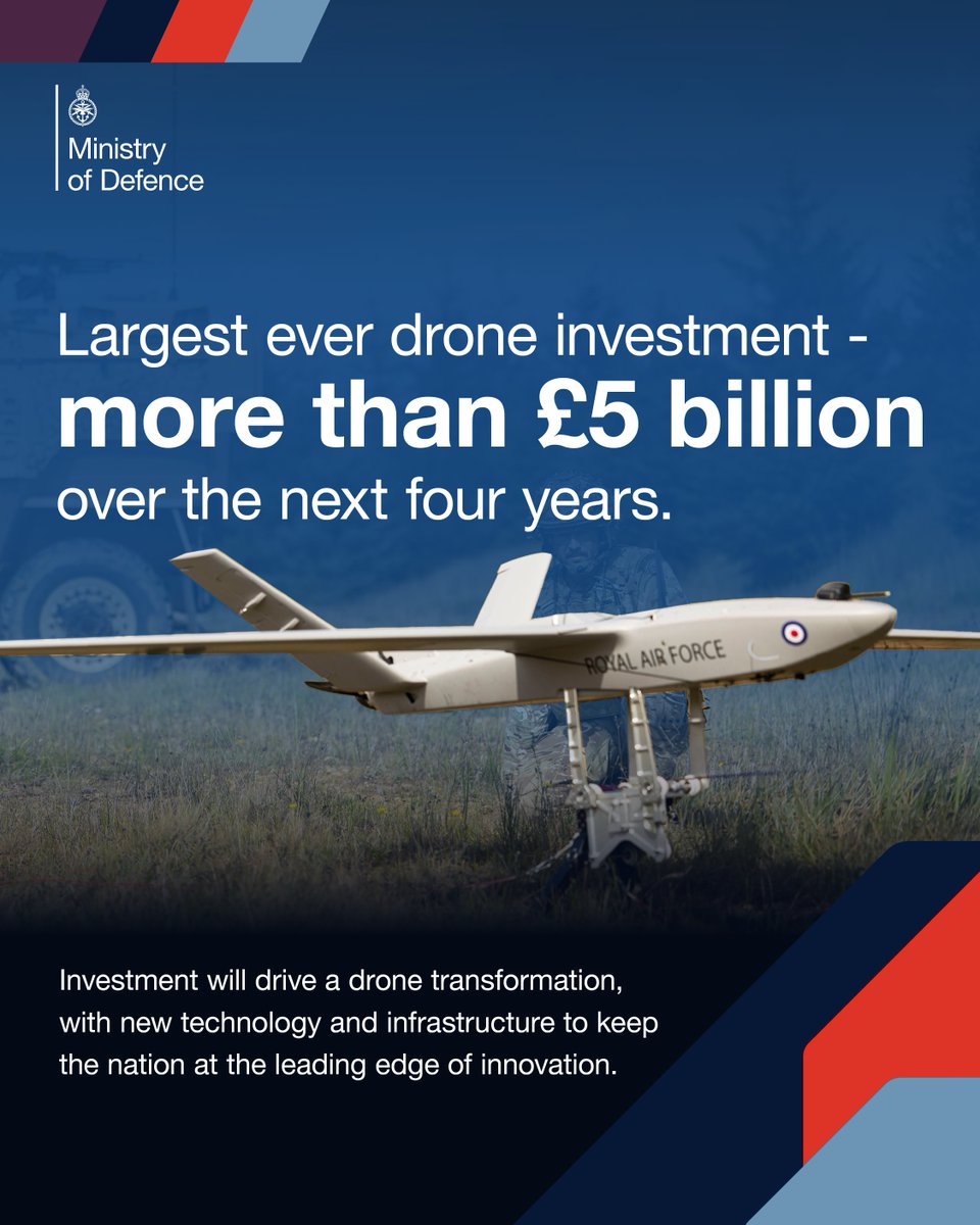 DefenceHQ's tweet photo. As the conflicts in Iran and Ukraine show, drones are reshaping warfare.
 
That’s why more than £5 billion is to be invested in drones over the next four years. This will drive a transformation, with new technology and infrastructure keeping us at the leading edge of innovation. https://t.co/TSkAJg8vRh