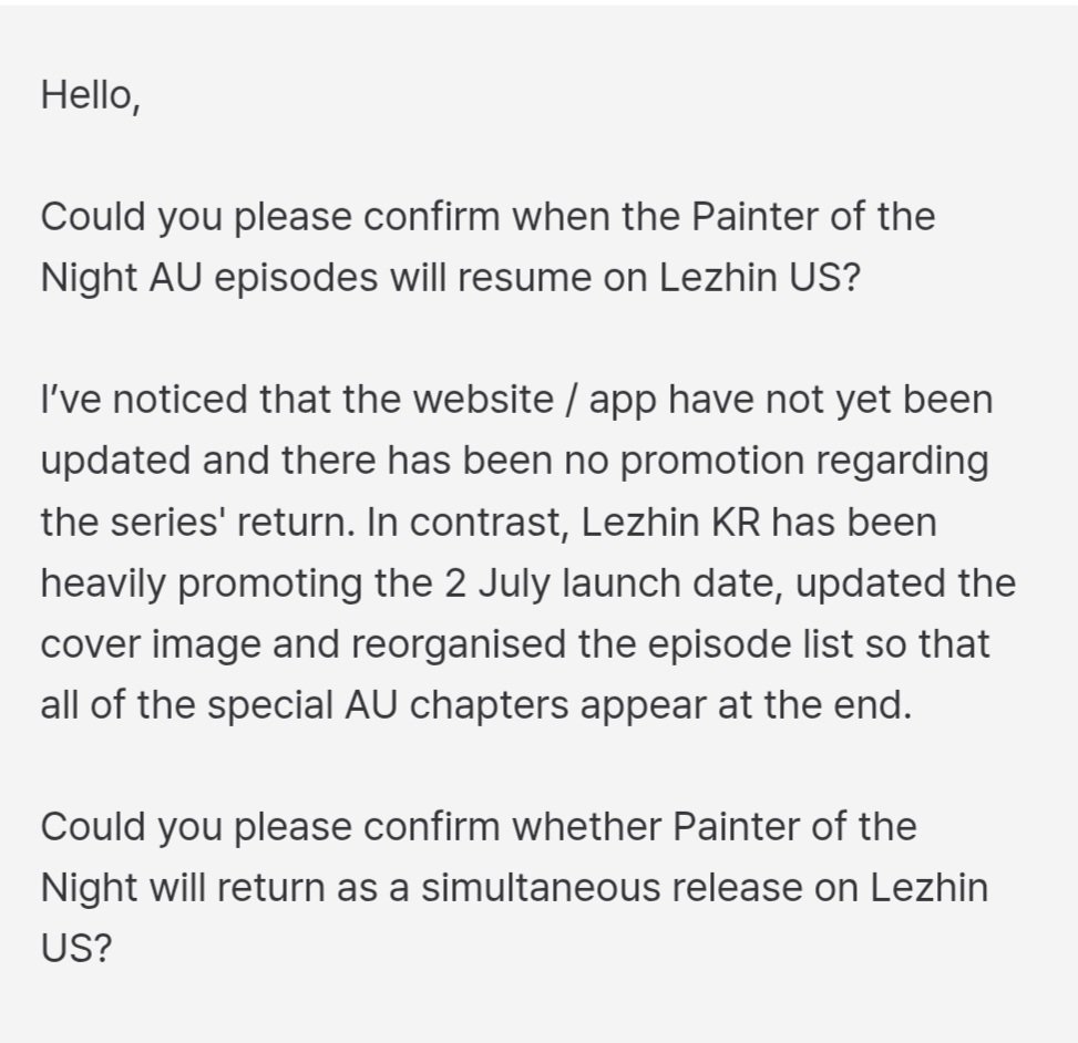 Heavens_Night1's tweet photo. Ive been really concerned by the lack of promotion for the return of  #PainterOfTheNight on @LezhinComics_US so I contacted them for clarification, and I'm completely floored by their response. POTN will NOT have a simultaneous release. WTF????? 😱😭💔 https://t.co/ygExEIvtwx