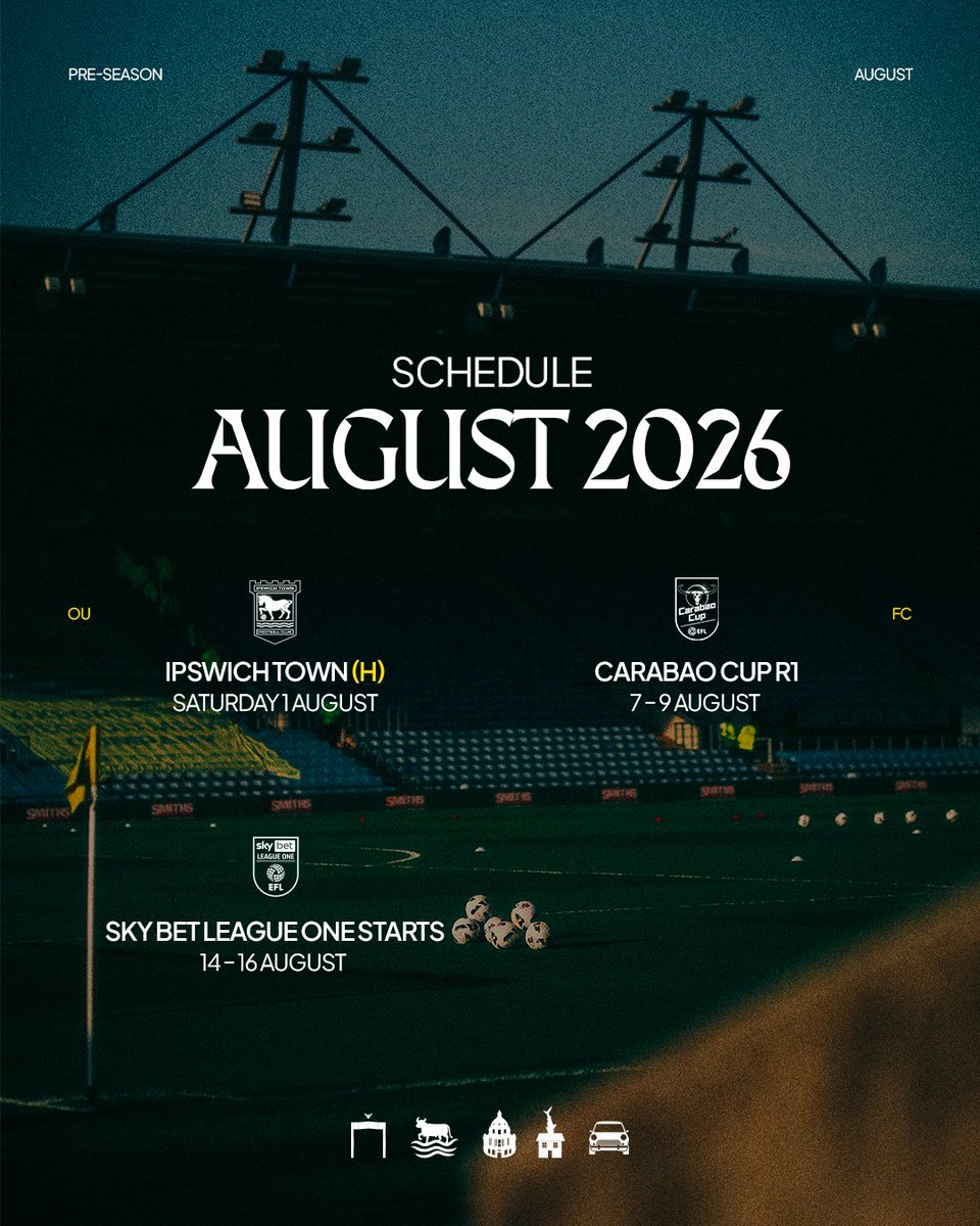 OUFCOfficial's tweet photo. 🎟️ Tickets for our home pre-season fixtures against Crawley Town and Ipswich Town will go on sale from 12:00pm on Thursday 2 July. 

Tickets for our away pre-season fixtures against Aldershot and Barnet are on sale now. 

More details. ⤵️