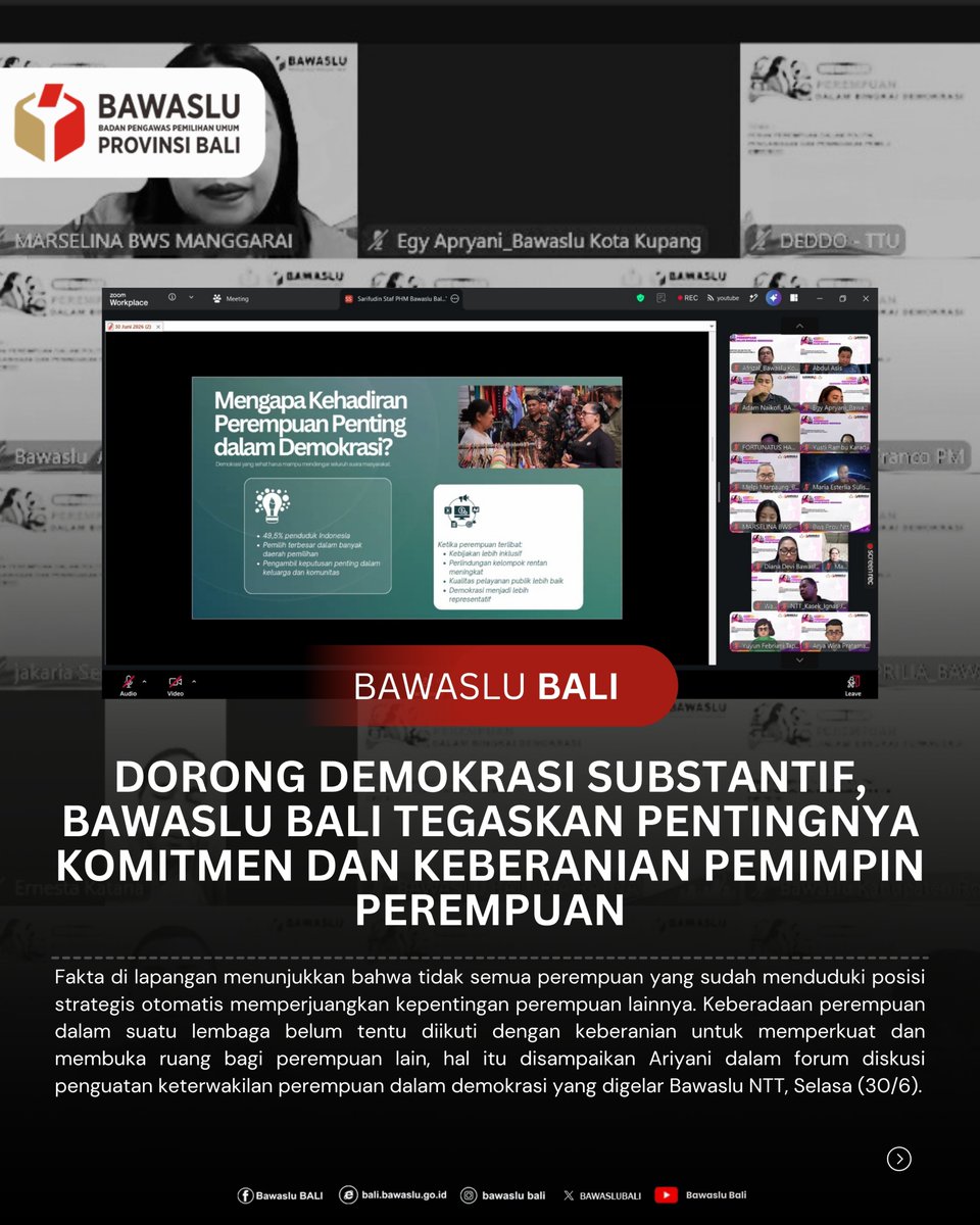 BAWASLUBALI's tweet photo. Dorong Demokrasi Substantif, Bawaslu Bali Tegaskan Pentingnya Komitmen dan Keberanian Pemimpin Perempuan

Baca selengkapnya di :
https://t.co/gcvR2EJoCM https://t.co/DUn95O7Q1k