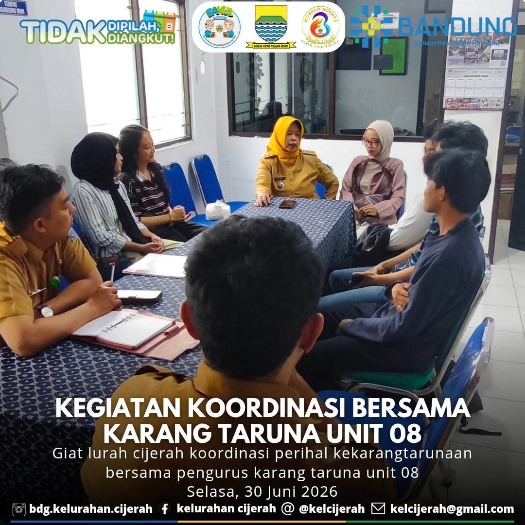 kelcijerah's tweet photo. Giat lurah cijerah koordinasi perihal kekarangtarunaan bersama pengurus karang taruna unit 08. Selasa, 30 Juni 2026 Cc : @hmfarhanbdg @kangerwin_bdg @bag.tapembandung @halobandung @humas_bandung @bdg.bkpsdm @kec_bandung_kulon @kartila7262 
#bandungutama https://t.co/4aVmVrrxyo