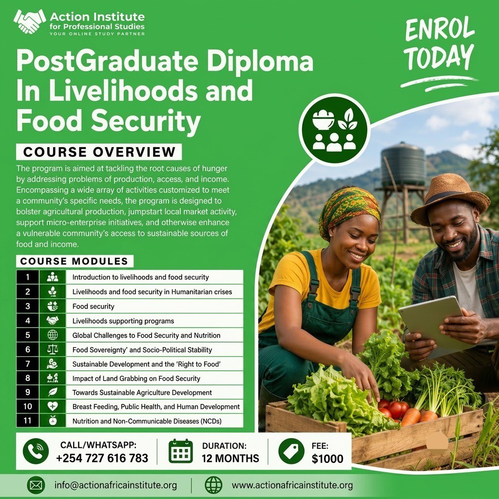 ActionAfr's tweet photo. @P_Karangwa @T_Ndabamenye @KayonzaDistrict @SNVRwanda @RwandaAgri @RwandaAgriBoard @RwandaEast 🌾 Food security starts with skilled professionals.

Study our Post Graduate Diploma in Livelihoods &amp; Food Security.

📅 12 Months
💰 $1000

📞 +254 727 616 783
📧 info@actionafricainstitute.org
🌐 https://t.co/YangUJKkEh

#FoodSecurity #Livelihoods #Agriculture https://t.co/qjRjTO9L6f