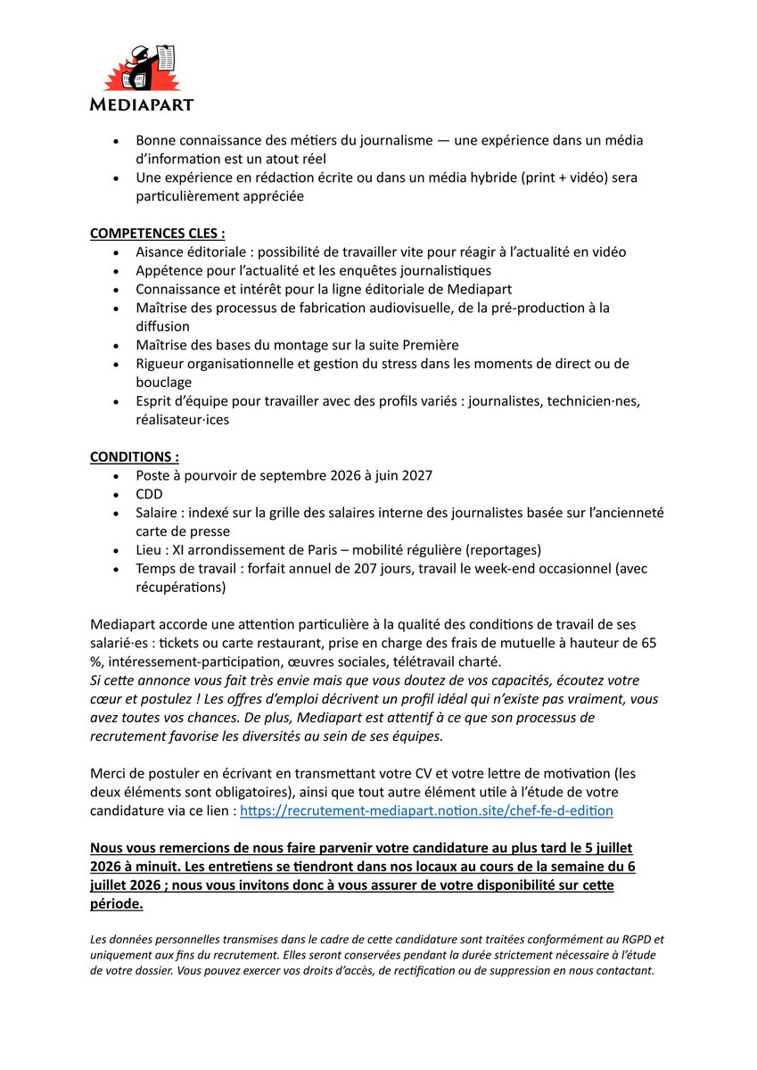 CDestracque's tweet photo. #AlerteJob #journalisme #CDD Le pôle vidéo de Mediapart recrute un(e) chef(fe) d'édition. Poste à pourvoir en septembre, candidatures attendues jusqu'au 5 juillet max. Détails, ici ↘️ https://t.co/YzzBaSgS1V