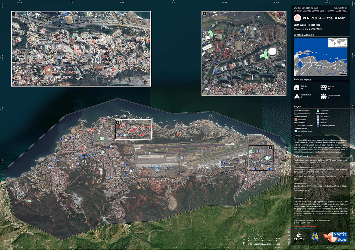 DisastersChart's tweet photo. The Charter has been activated to provide satellite data following the two magnitude 7 earthquakes in Venezuela: https://t.co/TIxBzZTXJY
We have a large number of maps available, assessing the estimated impact of the disaster at smaller and wider scales. https://t.co/Zzcbm1NXSu