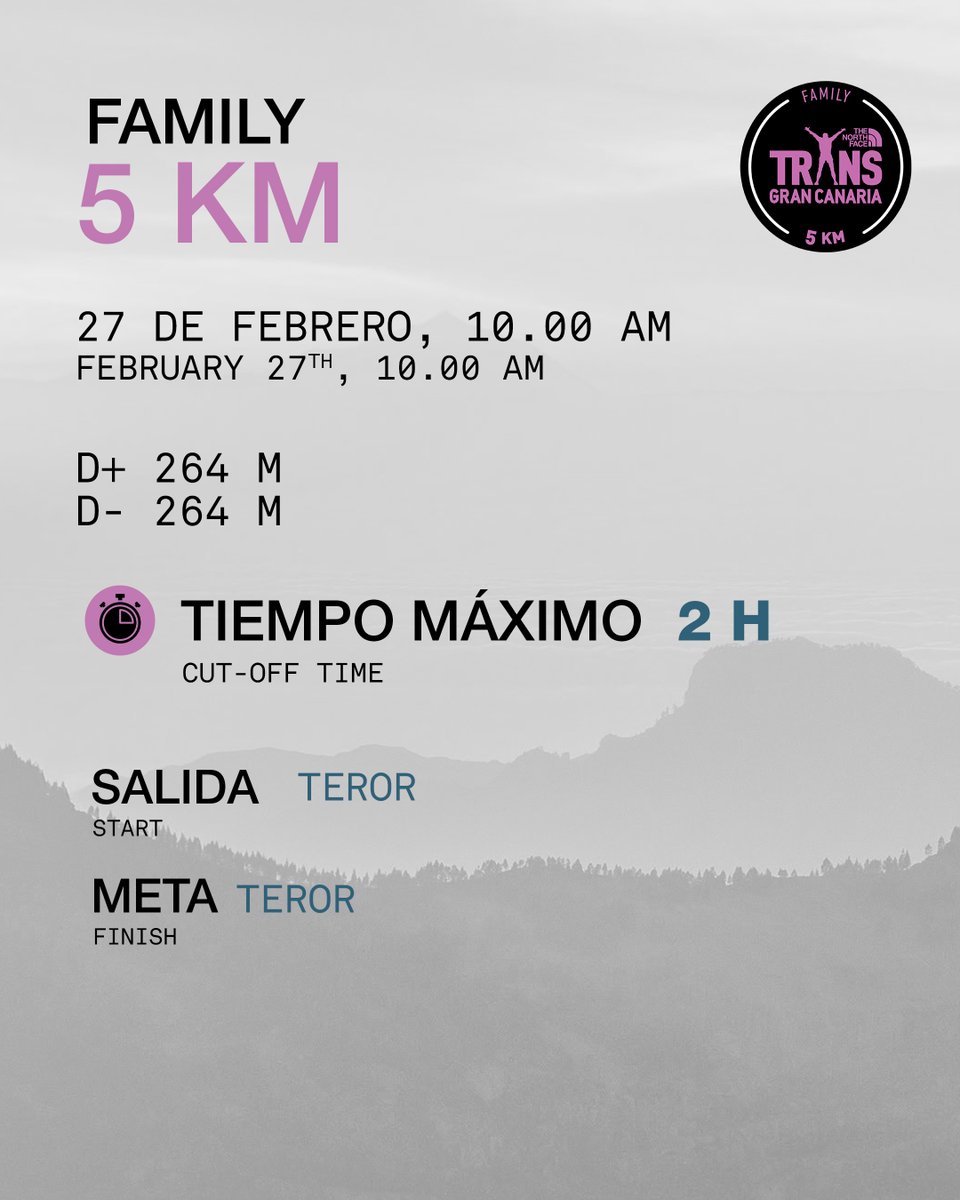 TransGC's tweet photo. 🧵(7/8) La Family
5KM 📍Teror
Sábado 27 de febrero 2027
Saturday, 27th February 2027 https://t.co/mnlo1D6eXC