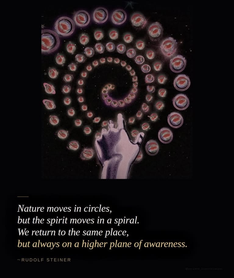 maximumpain333's tweet photo. Most people experience repetition as failure. The same situation returns, the same pattern reappears, and the conclusion is that nothing has changed. Steiner’s observation cuts through this misreading with precision.

The circle and the spiral look identical when viewed from above. The difference only becomes visible when you shift your perspective. A circle returns to exactly the same point. A spiral returns to the same point on the horizontal plane, but elevated, the same position, a different altitude. The pattern repeats. The level does not.

This is how genuine inner development actually works. You encounter the same theme again , the same type of relationship difficulty, the same fear, the same creative block, the same wound, and it appears at first that you have made no progress. But the person encountering it now is not the same person who encountered it before. The situation is familiar. The capacity to meet it is not. What overwhelmed you at one stage of development becomes material to work with at the next. What was unconscious becomes visible. What was visible becomes integrated.

Jung described this as the circumambulation of the Self, the way the psyche moves around its own center in widening circles, never arriving in a straight line, always returning to themes that have not yet been fully metabolized. The spiral is the shape of genuine transformation precisely because it honors both continuity and development. You cannot skip to the higher level without passing through the lower one again from the new position.

The Hermetic tradition encoded this in the symbol of the caduceus, two serpents spiraling upward around a central staff. Not two circles. Two spirals. Always rising.

You are not going in circles. You are rising through them.

What situation in your life that feels like repetition might actually be a spiral, the same place, but from a higher level than before?

~ Pyramid Consciousness

✨🙌🏾💫

Artist © Michael Scharrer