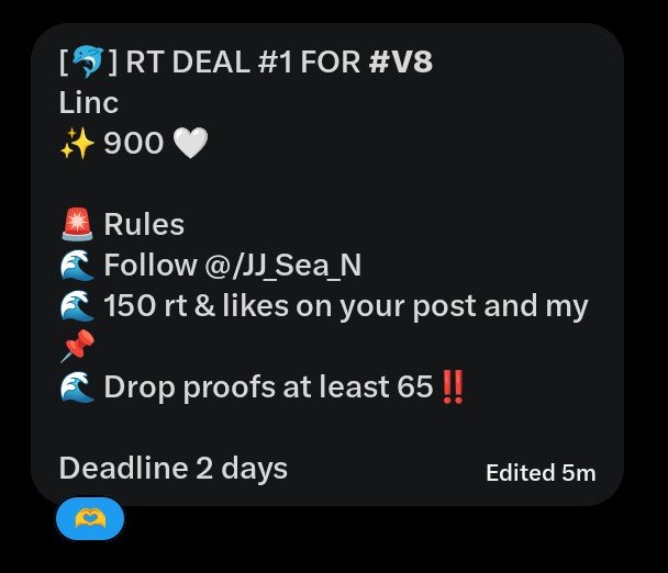 mnwnholics's tweet photo. [🐬] RT DEAL #1 FOR #V8
Linc
✨ 900 🤍

🚨 Rules 
🌊 Follow @JJ_Sea_N
🌊 150 rt &amp; likes on your post and my 📌
🌊 Drop proofs at least 65‼️

Deadline 2 days https://t.co/c7w3i5JxrF