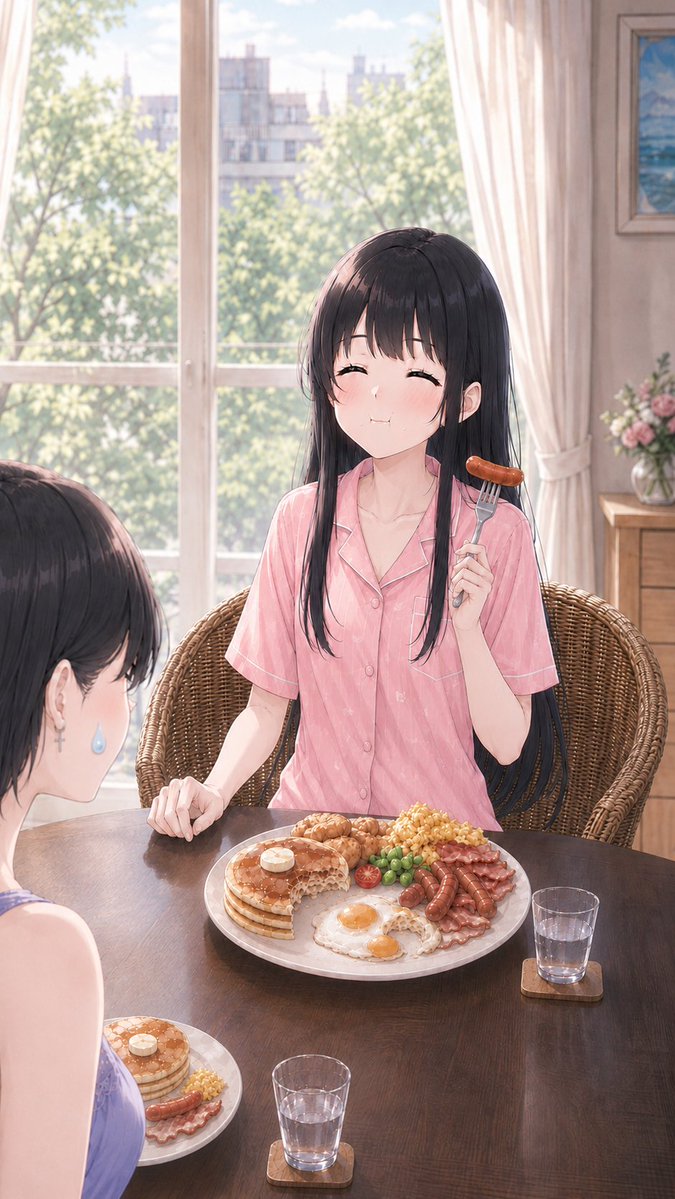 Rui_tired's tweet photo. "Growing appetite"
"成長期"

手前:姉のるか The girl in front: Ruka, older sister.
奥:妹の結衣 The girl in the back: Yui, younger sister.

#AIart #sister #OC #AIイラスト #姉妹 #オリキャラ https://t.co/rXnLNBIWIp