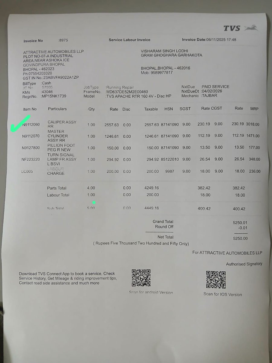 AjaySin99612134's tweet photo. Dear @tvsmotorcompany,

I replaced the Rear Brake Caliper Assembly (Caliper Assy RR) of my TVS Apache RTR 160 4V at an authorized TVS service center on 06 Nov 2025 (Invoice No. 8975). Now the caliper assembly has broken within a few months, creating a serious safety risk. https://t.co/cPxFLhJosm