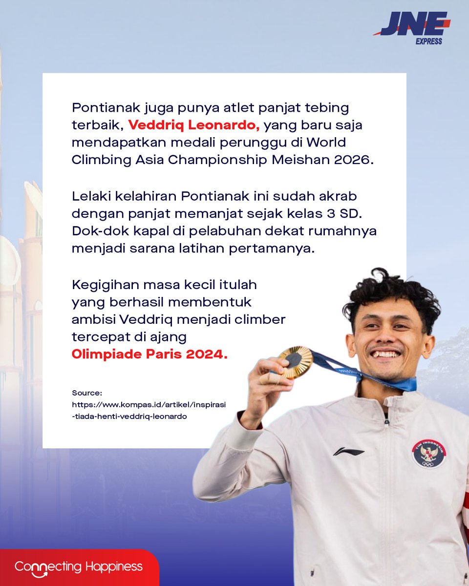 JNE_ID's tweet photo. JNE Pontianak mengajak #TemanJNE healing ke Pontianak yang cantiknya nggak ada lawan.

Bukan cuma destinasinya yang juara, Pontianak juga punya climber kebanggaan dunia, veddriq, yang berhasil bawa pulang perunggu di World Climbing Asia Championship Meishan 2026!

Kira-kira ke mana lagi #ArmadaJNE harus keliling setelah ini? Follow @jne_id untuk terus ikutan keliling Indonesia 🚚✨

#JNE #ConnectingHappiness #JNE35BergerakBersama #JNE35Tahun