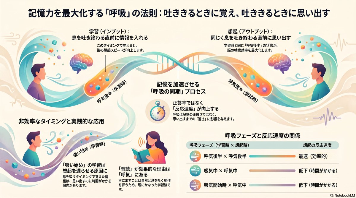Tashiro__D's tweet photo. 「声に出して覚える」が理にかなっている理由💡

記憶の引き出しスピードは「息を吐くタイミング」で決まる可能性がある。
インプットとアウトプットの両方で【息を吐き終わる直前】だと、最も速く思い出せるそうです👇
https://t.co/O4w5TqKZqg https://t.co/RiqYYk6xkE