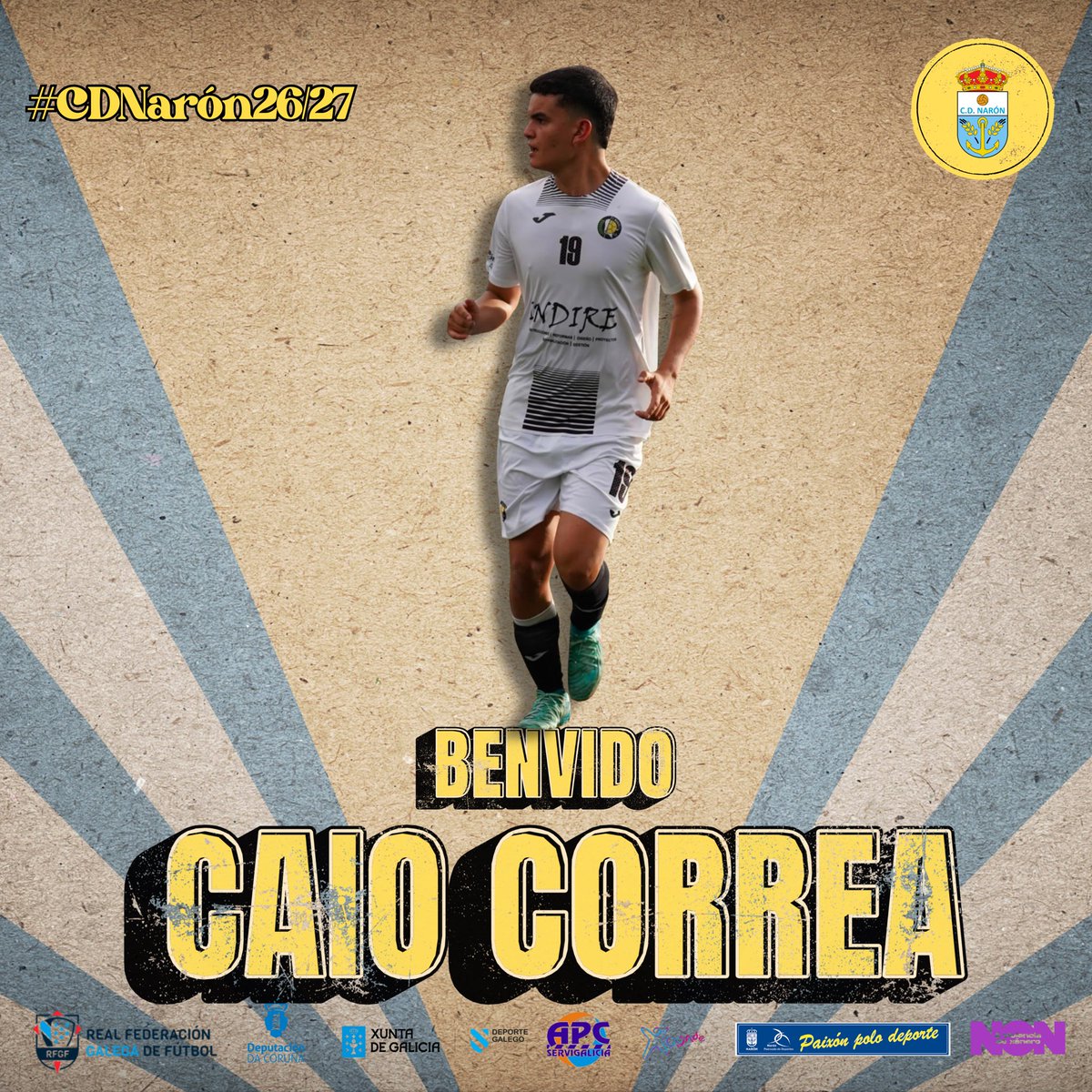 CDNaron's tweet photo. 💥🚀 Caio, terceiro reforzo para o #CDNaron 

💣 Chega procedente do Cultural Maniños para aportar gol e verticalidade ao noso ataque. 

¡Benvido a tua casa Caio! 🐣 https://t.co/vnBRKRSQZ4