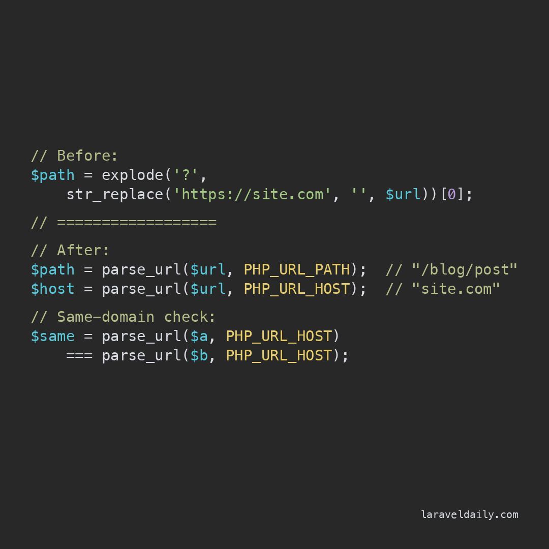 PovilasKorop's tweet photo. PHP tip.
Stop using `substr()` and `explode()` to pull pieces out of a URL string. 

PHP's `parse_url()` can hand you just the part you want. 

Pass PHP_URL_PATH for the path or PHP_URL_HOST for the domain, and it deals with query strings and ports for you. https://t.co/gtRGkpWnIe