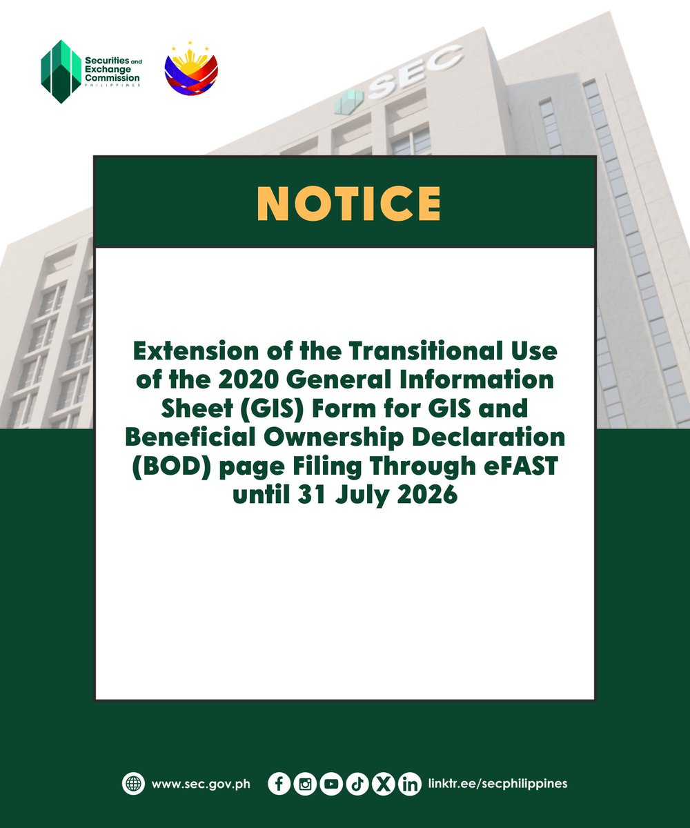 SEC_Philippines's tweet photo. 📢 𝗡𝗢𝗧𝗜𝗖𝗘: Extended Transitional Use of the 2020 GIS Form Until 31 July 2026

Read the full notice here: https://t.co/qMAOxJPDt2 https://t.co/STXwnVYop4