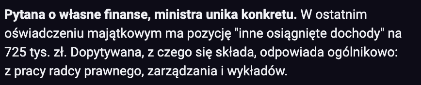 czardam's tweet photo. Minister Zdrowia na pytanie o wykazaner 725 tysięcy zł z "innego źródła" ucina temat i nie chce wyjawiać, skąd takie wpływy. 

Jednocześnie ta sama Minister dwoi się i troi, by prywatyzacja służby zdrowia przyspieszyła. 

Tu pojawia się uzasadnione pytanie - za co te 725 tysięcy? Zresztą skoro Minister mówi o transparentości w zarobkach lekarzy, to tymbardziej sama powinna transparentnie wykazywać własne zarobki, a nie niejasno odpowiada, że te środki pochodzą z "zarządzania, pracy radcy prawnego i wykładów"