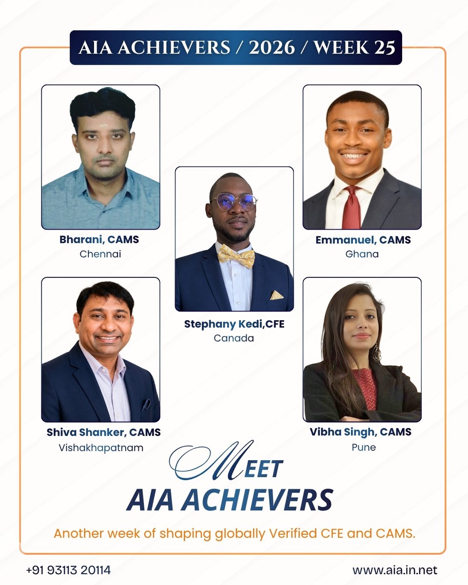 AcademyAudit's tweet photo. Presenting AIA Weekly Achievers | Week 25 | 2026 ✨
Congratulations to Bharani, Emmanuel, Shiva Shanker, Vibha Singh, Stephany Kidel on achieving their CAMS and CFE credentials.
#AIAAchievers #CFE #CAMS #AntiMoneyLaundering #InternalAudit #CareerGrowth #Professional #AIAIndia https://t.co/oQcMlPgD6r