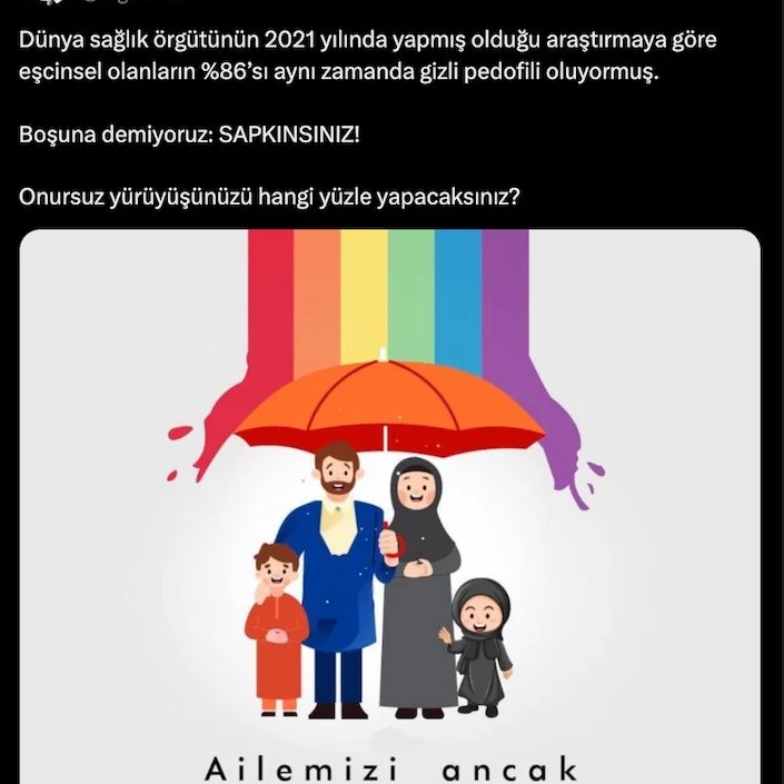 teyitorg's tweet photo. ❌ Dünya Sağlık Örgütü’nün (DSÖ) 2021’de yaptığı bir araştırmaya göre eşcinsellerin yüzde 86’sının aynı zamanda "gizli pedofil" olduğu doğru değil.

DSÖ’nün herhangi bir tarihte eşcinsellik ve pedofili arasında ilişki ortaya koyan bir araştırması veya raporu bulunmuyor.

Sosyal medyada dolaşan “yüzde 86” gibi spesifik oranların da bilimsel bir karşılığı bulunmuyor ve doğrulanmış akademik verilerle örtüşmüyor.

DSÖ, 1990’da eşcinselliği bir hastalık ve ruhsal bozukluk sınıflandırmasından çıkardı.

DSÖ pedofiliyi ise klinik bir psikiyatrik durum olarak ele alıyor ve çalışmalarını çocukların cinsel istismarının önlenmesi ve korunması başlıkları altında yürütüyor. Bu çerçevede pedofili, yetişkin cinsel yönelimlerinden ayrı bir klinik durum olarak tanımlanıyor.

Amerikan Psikoloji Birliği eşcinselliğin bir hastalık olmadığını vurgulayarak, bunu insan cinselliğinin doğal bir parçası olan bir cinsel yönelim olarak tanımlıyor.

Bu nedenle kişinin heteroseksüel ya da eşcinsel olması, pedofili riskini artıran ya da azaltan bir faktör olarak kabul edilmiyor.

Sosyal medyada dolaşan bu iddia, bir adet X hesabı tarafından paylaşılmış. Hesabın profilinde eşcinselliği hedef alan çeşitli içerikler var.