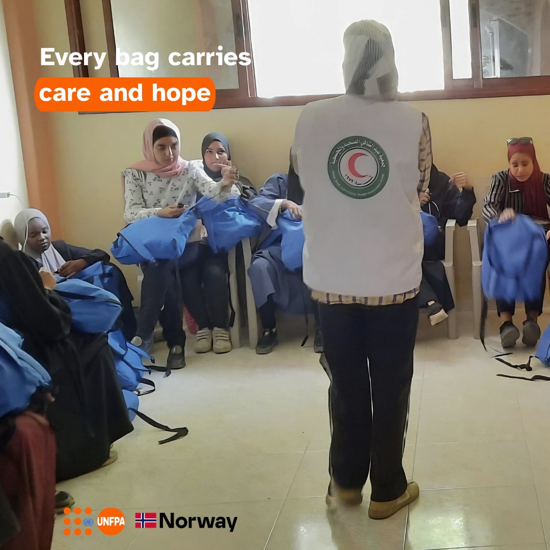 UNFPAPalestine's tweet photo. In Gaza, the daily hardships continue to affect women and girls' safety and well-being.

With support from @NorwayPalestine, @UNFPA &amp; @hilalgaza reached hundreds of beneficiaries with dignity kits and essential supplies to help preserve dignity and care.🧡

#InvestInHumanity https://t.co/5H7vow5jPK