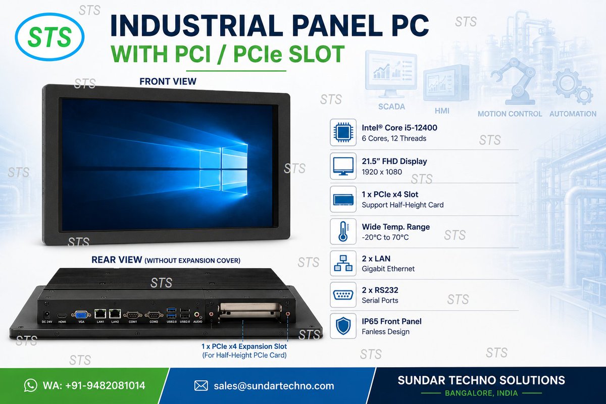 Sundar_Techno's tweet photo. Industrial Panel PC with PCIe x4 Expansion 🚀
21.5" FHD | Intel® Core™ i5-12400 | Fanless | IP65 Front
Supports EtherCAT, PROFINET, CAN Bus, Motion Control, Digital I/O, PRP/HSR, ARINC-429 & MIL-STD-1553 cards.
+91-9482081014
sales@sundartechno.com
#IndustrialPanelPC #PCIe https://t.co/pyJvLrhrck