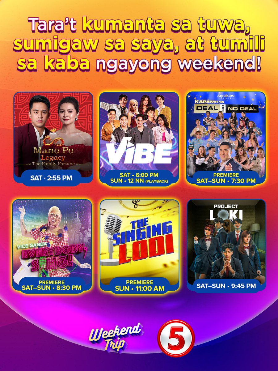 TV5manila's tweet photo. Jackpot feels? Check. Sing-along vibes? Check. ✅ 

Book your all-around entertainment with us dito lang sa Weekend Trip ng TV5! 📺

#ManoPoLegacyTV5
#KapamilyaDealOrNoDealTV5
#TheSingingLodiTV5
#VibeTV5
#EverybodySingTV5
#ProjectLokiTV5
#WeekendTripTV5 https://t.co/MZbCfL5e8m