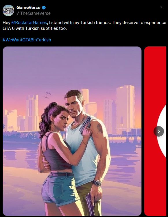 Ataritacom's tweet photo. TheGameVerse, Türk oyuncuların başlattığı #WeWantGTA6InTurkish kampanyasına destek verdi. 

"Hey Rockstar Games, Türk arkadaşlarımın yanındayım. Onlar da GTA 6'yı Türkçe altyazılarla deneyimlemeyi hak ediyor." 🗣️ https://t.co/p4lvF92Qne