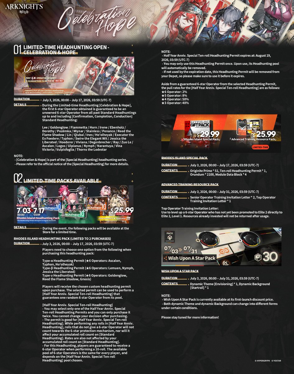 ArknightsEN's tweet photo. Dear Doctor, limited-time Headhunting - Celebration &amp; Hope will be available on July 3, 00:00 (UTC-7).  Please refer to the following notification for more details.

#Arknights #Yostar https://t.co/SWgi1BMWvA