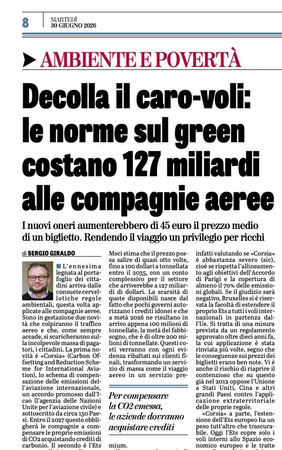 durezzadelviver's tweet photo. L'autolesionismo non ha limiti. Arriva CORSIA, cioè l'obbligo di ridurre le emissioni per le compagnie aeree. L'Ue dice che se il sistema CORSIA non fosse abbastanza severo, applicherà le norme ETS. 
Già sappiamo però che il costo sarà di 100 €/t, non abbastanza da stimolare il cambio verso le alternative ma abbastanza da costituire una tassa sui biglietti aerei.
Indovinate chi pagherà?
Oggi su @LaVeritaWeb.