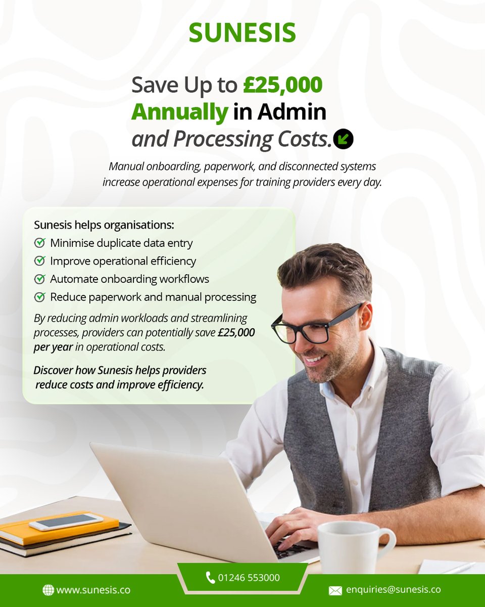 Sunesis_co's tweet photo. Training providers could be losing up to £25,000/year to manual admin. 💷

Paperwork. Duplicate data entry. Disconnected systems. It adds up fast.

Sunesis automates the admin so you can focus on what matters.

Stop paying for inefficiency. 👇

 https://t.co/3s6s2qnHPH https://t.co/6BaExvzGE9