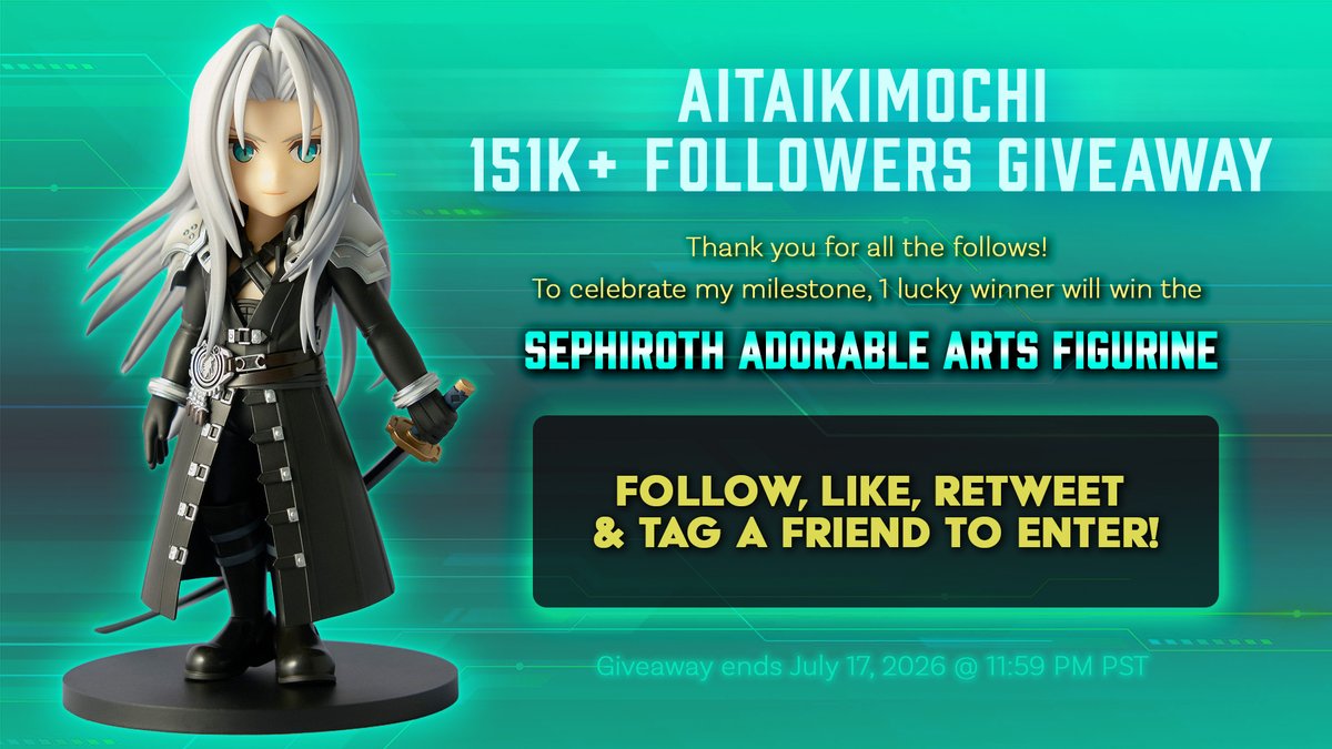 aitaikimochi's tweet photo. THANK YOU EVERYONE FOR THE 151K FOLLOWS!!! ❤️ 

I'm celebrating with a giveaway to thank everyone for their constant support throughout the years! I trully appreciate each and every one of you! 🥹

Follow + RT to enter the Sephiroth giveaway, open to people all over the world! https://t.co/1w9E2XUcvy