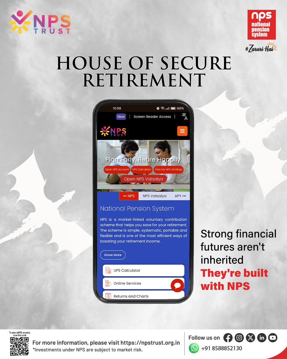 nps_trust's tweet photo. Strong financial futures aren't inherited, they're built.
Explore the NPS Trust website for everything you need to plan your retirement.
To open an eNPS account online, please visit https://t.co/WNaIwBmazb
#NPSTrust #NationalPensionSystem #NPS #HouseofDragons #RetirementGoals https://t.co/DmfHOyszFY