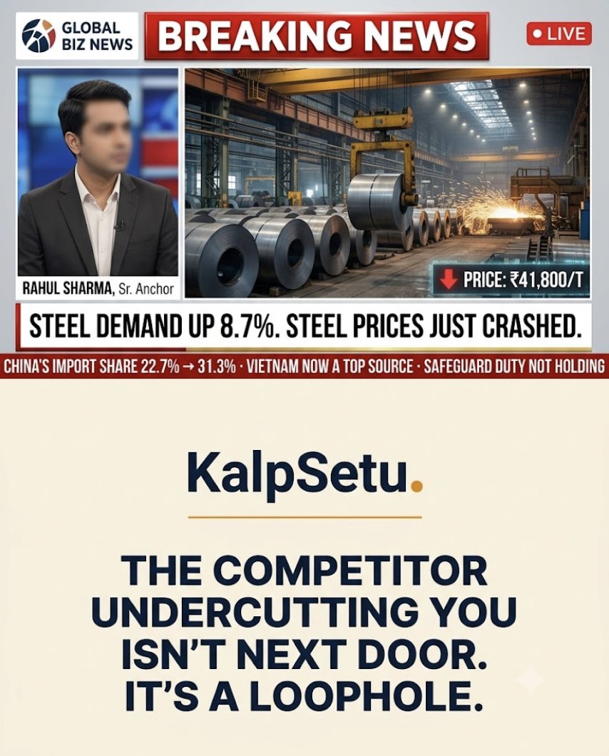 KalpSetumain's tweet photo. India's steel demand is up 8.7%. Prices just fell anyway.

Safeguard duty isn't catching HR coil imports — up 137.8%. China's import share: 22.7% → 31.3%. Vietnam's now a top-5 source. No new rule against India. Just a loophole nobody priced in.

#IndianExports #SteelIndustry https://t.co/RVxiA6d88Z