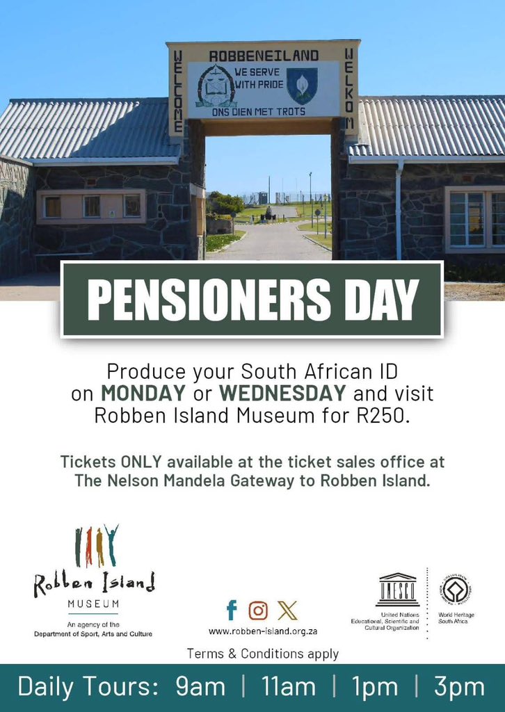 robben_island's tweet photo. 🎉 More ways to experience history!

✔️ FREE Birthday Ticket
✔️ Pensioners Day (Mon &amp; Wed)
✔️ Kids 15 &amp; under visit FREE with a paying adult
✔️ Winter Group Discounts for schools, NGOs &amp; tertiary institutions

Because our shared heritage should be accessible to all. https://t.co/xKY66OZ0lS