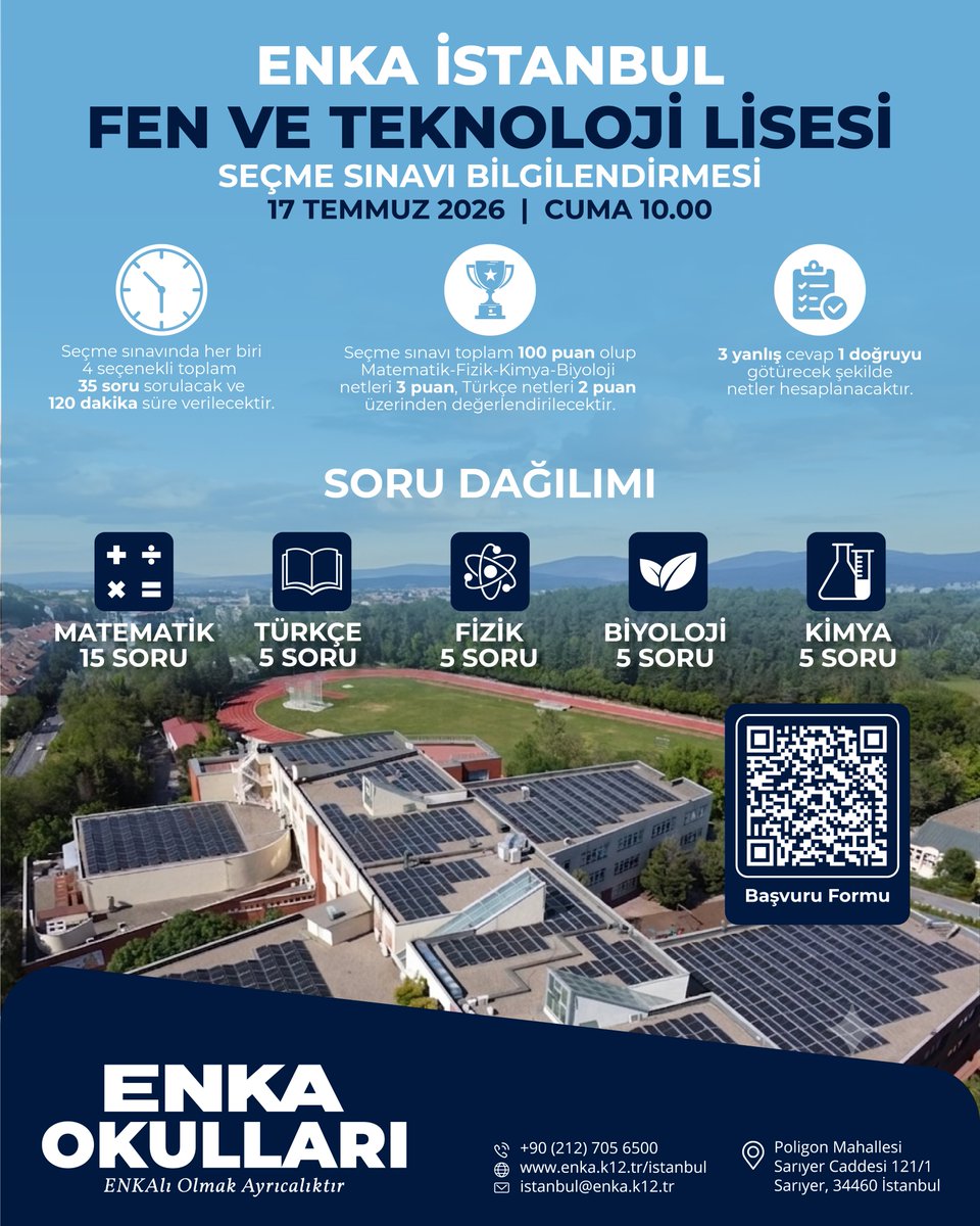EnkaOkullari's tweet photo. * 10 Temmuz 2026 Cuma, LGS sonuçları açıklandıktan sonra ENKA İstanbul Fen ve Teknoloji Lisesi Öğrenci Seçme Sınavı için başvuru formu açılacak.
* LGS Türkiye geneli %0,01 ile %3,00’luk yüzdelik dilimde bulunan öğrenciler başvuru yapabilecek.
#ENKAOkulları https://t.co/0HHppUYJzn